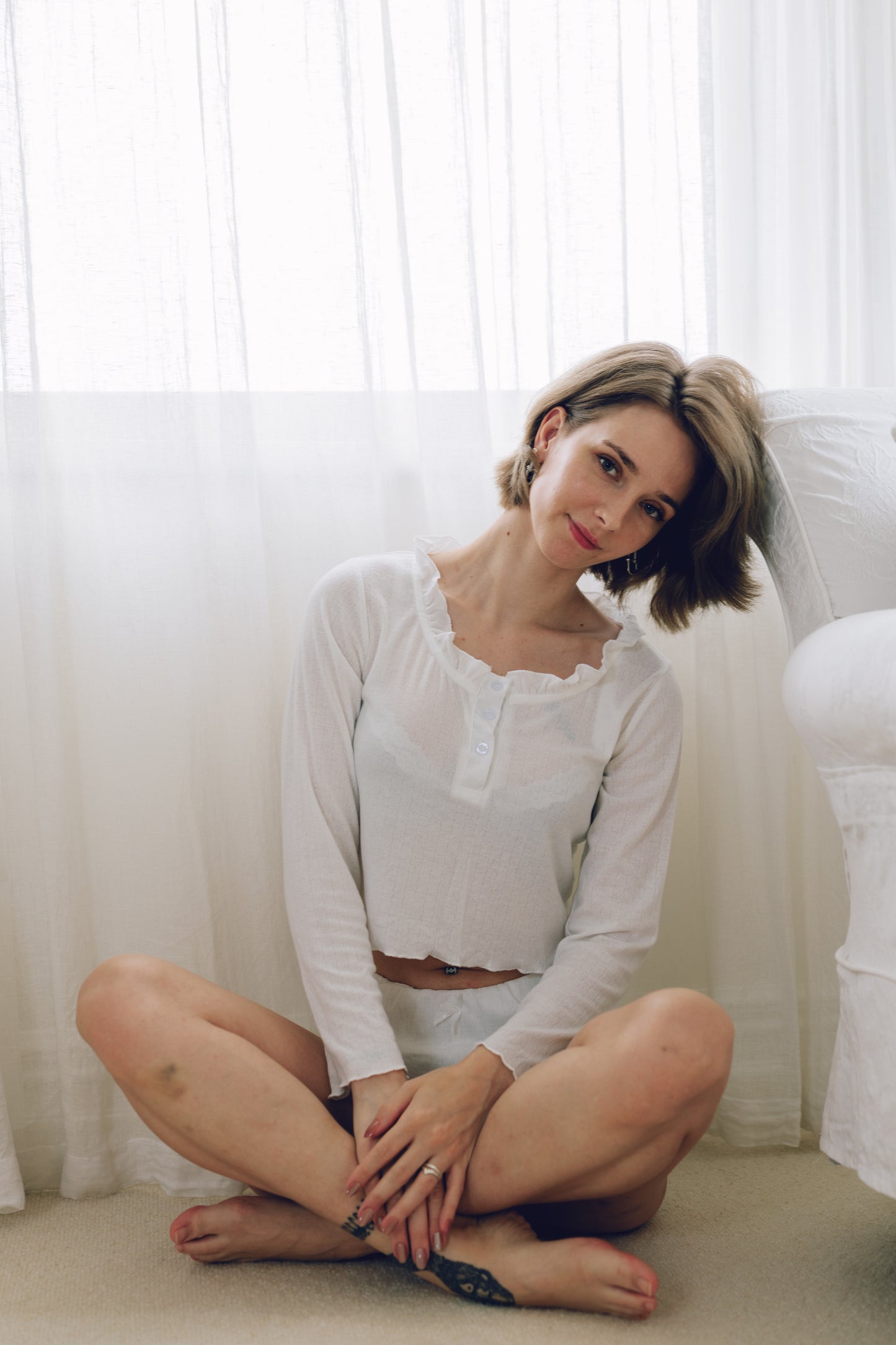White Ruffle Lounge Set – Long Sleeve & Shorts