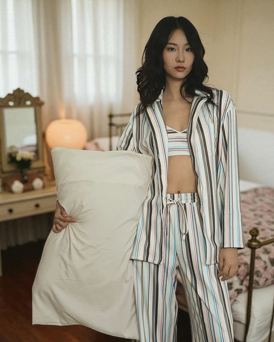 French Striped Lounge Set – Cream Mocha - 3-Piece