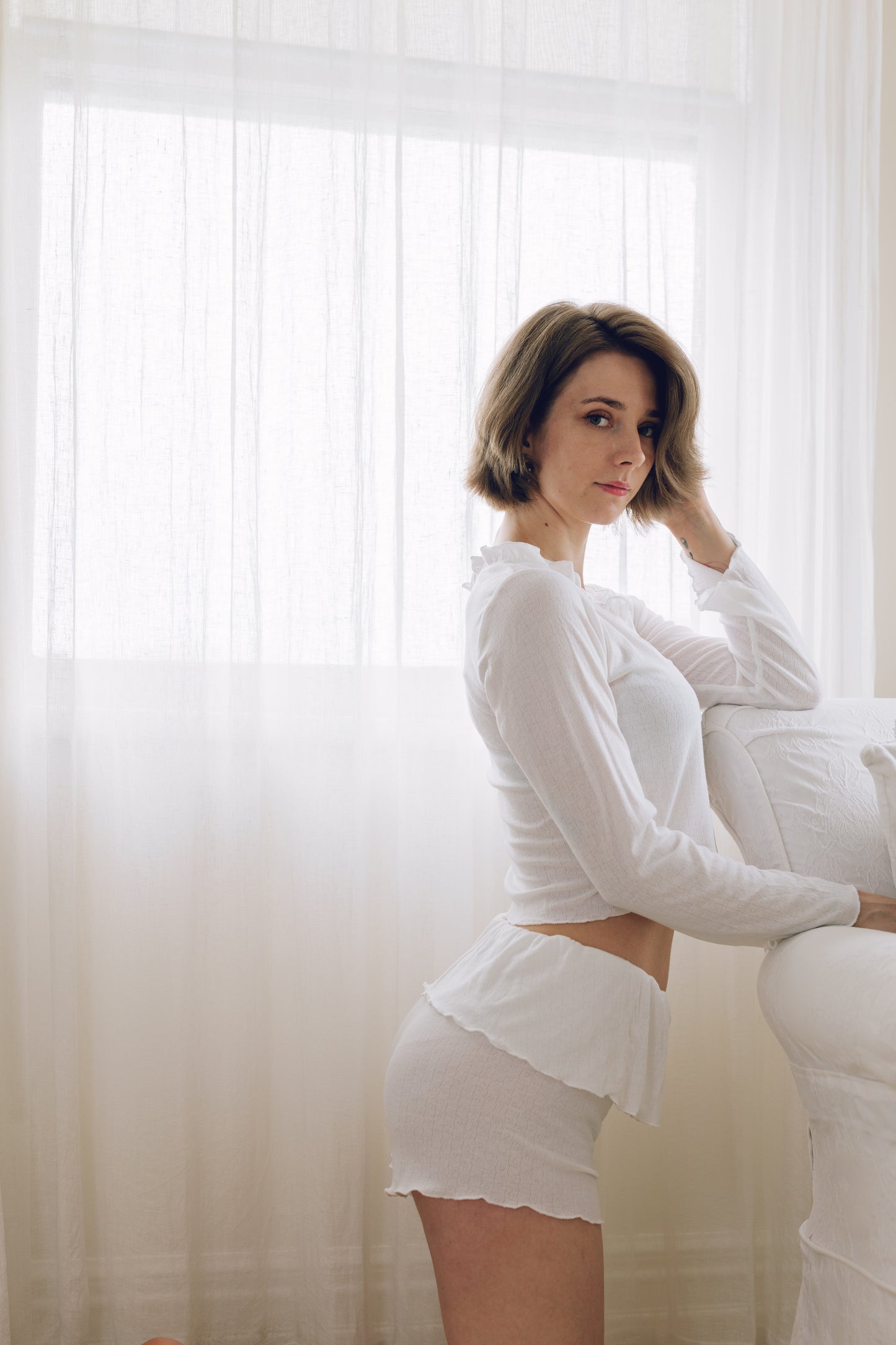 White Ruffle Lounge Set – Long Sleeve & Shorts