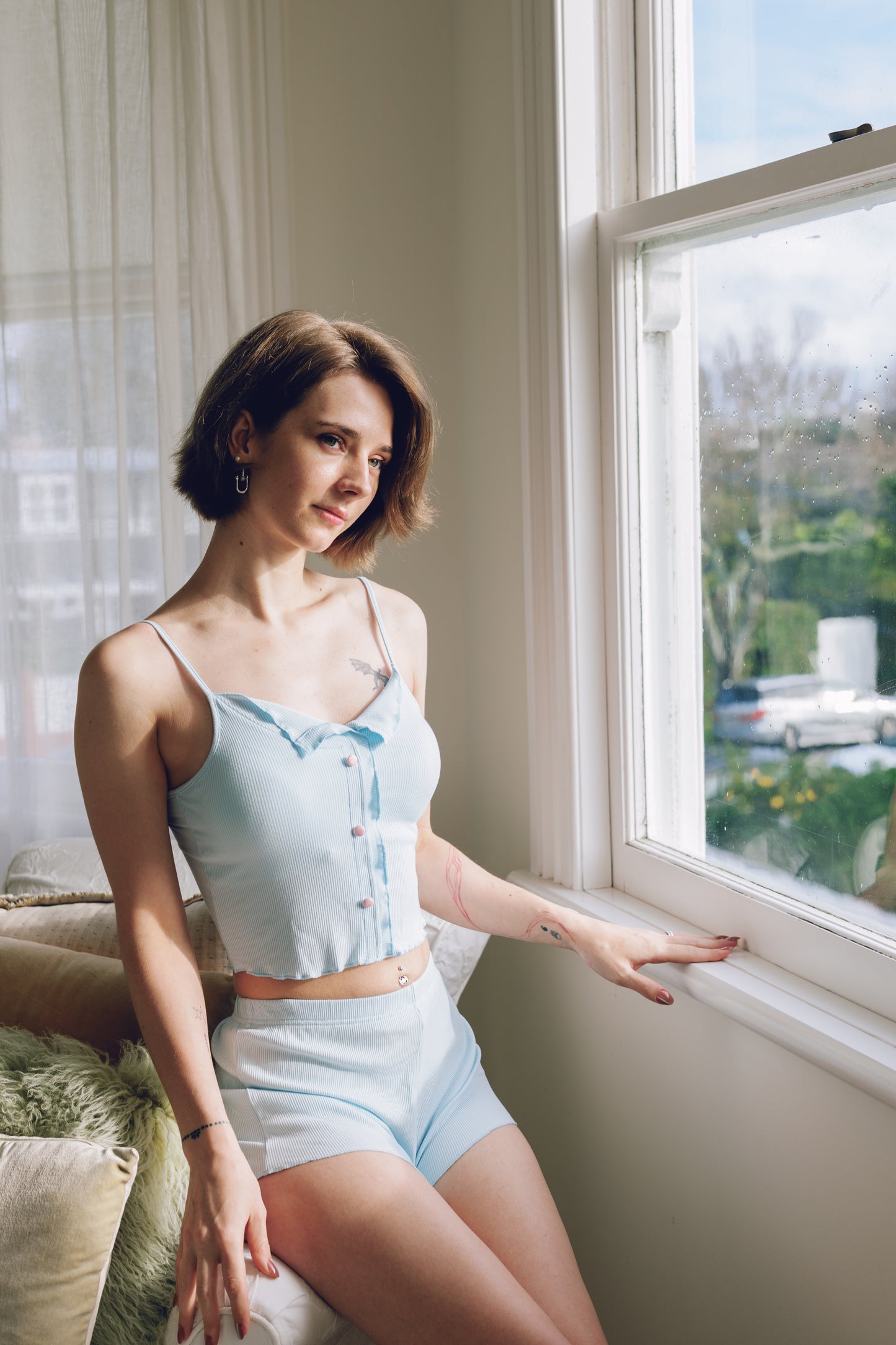 Milky Blue Modal Sleepwear Set with Padded Cami