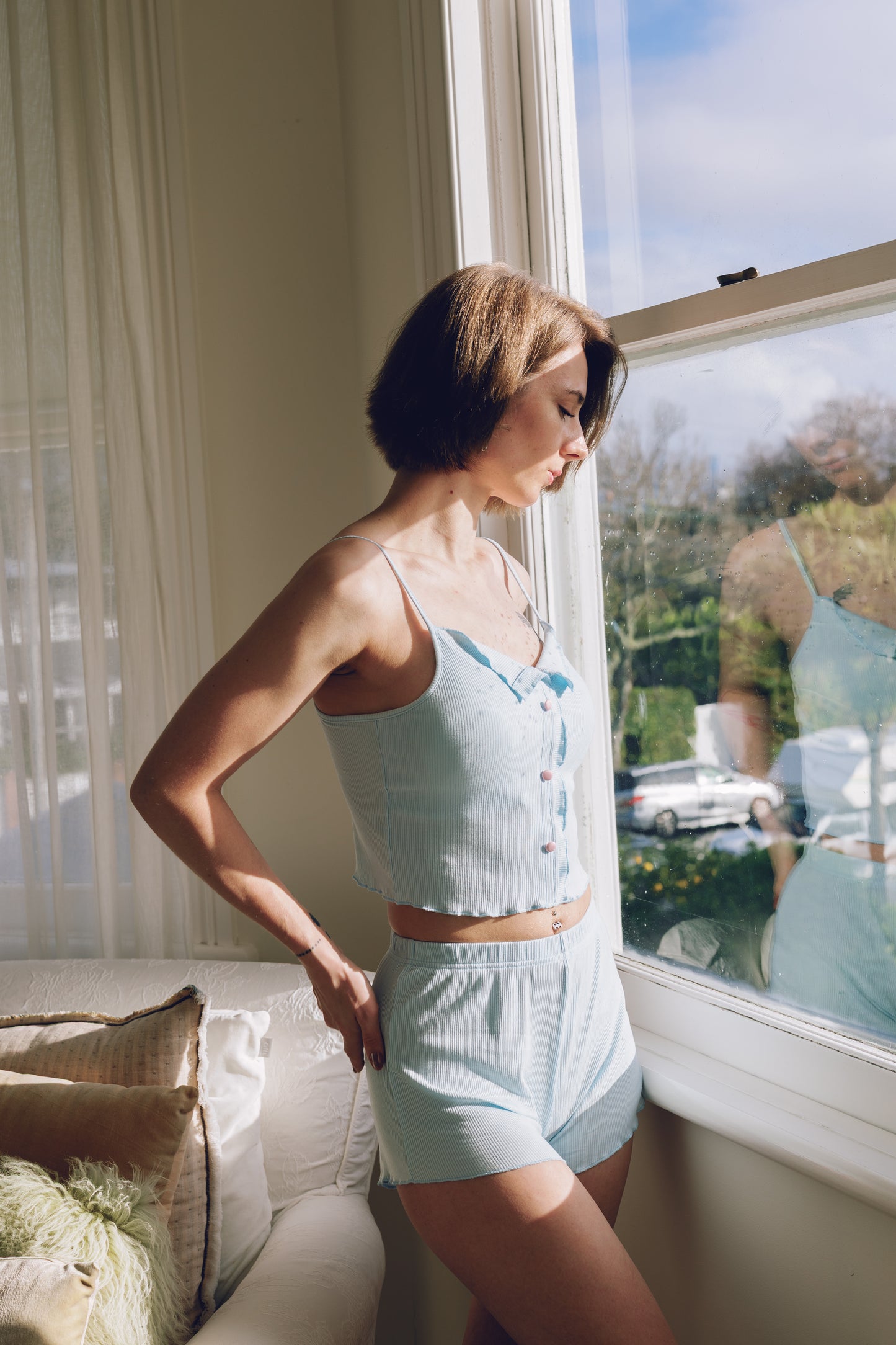 Milky Blue Modal Sleepwear Set with Padded Cami