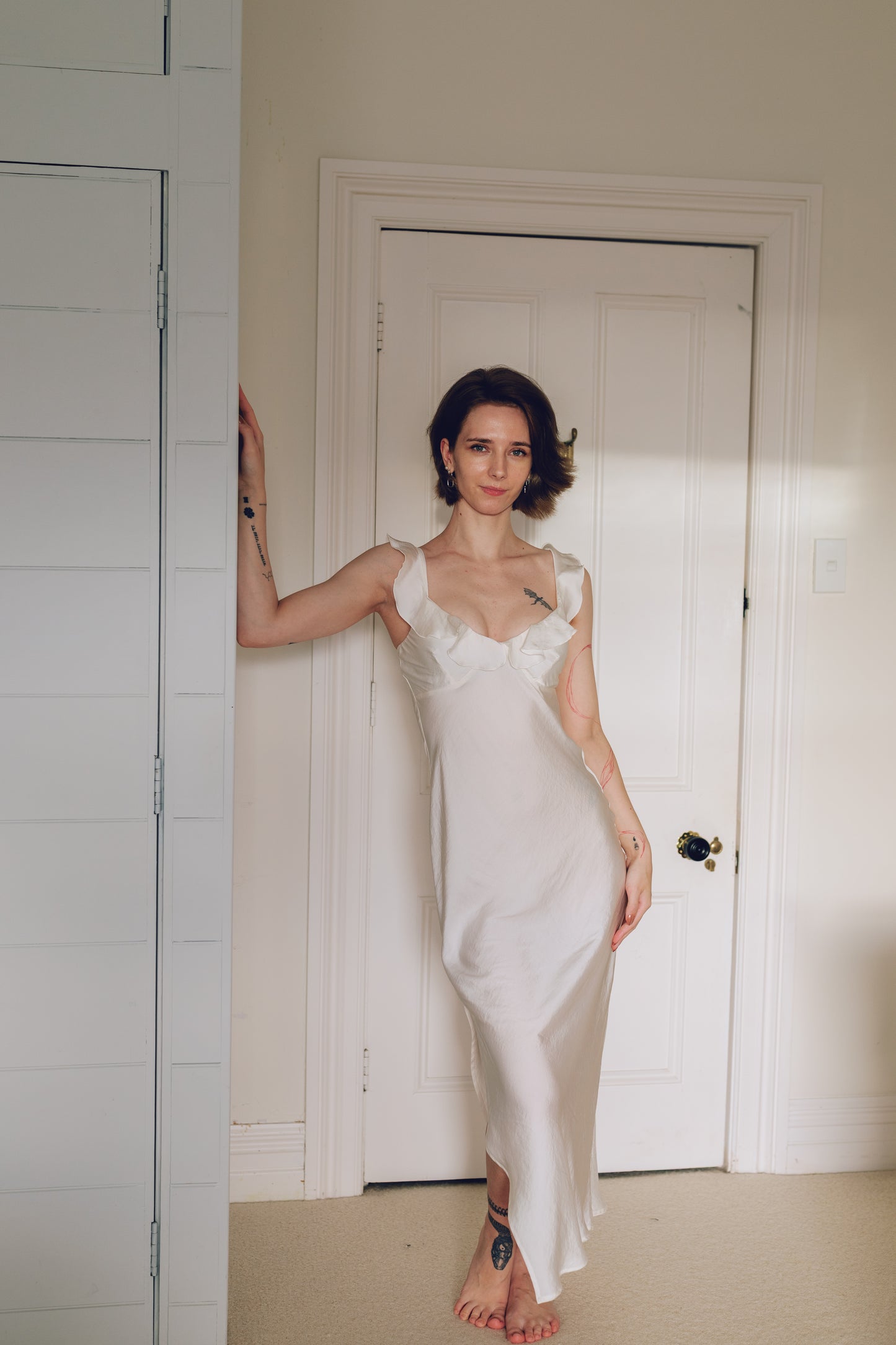 Ivory Satin Ruffle Slip Dress – Elegant Silky Look