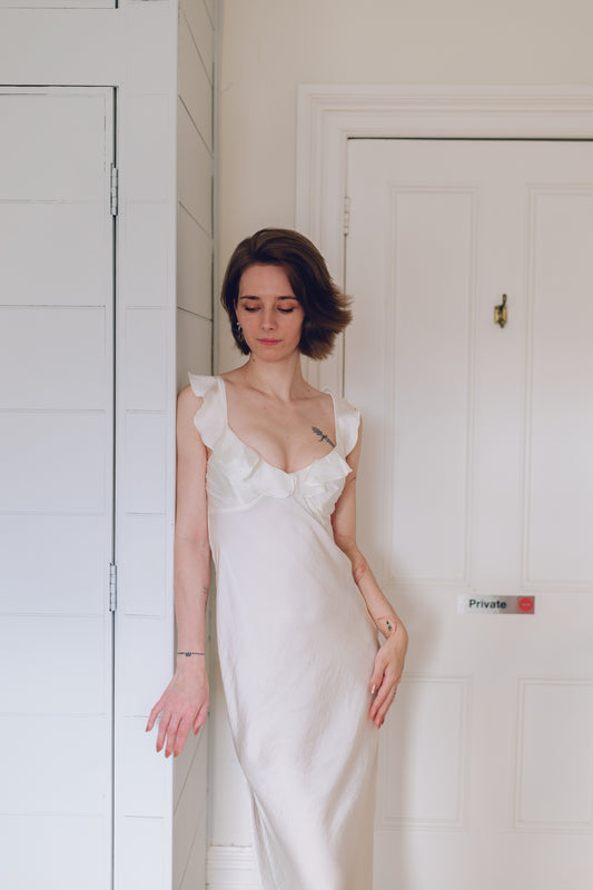 Ivory Satin Ruffle Slip Dress – Elegant Silky Look